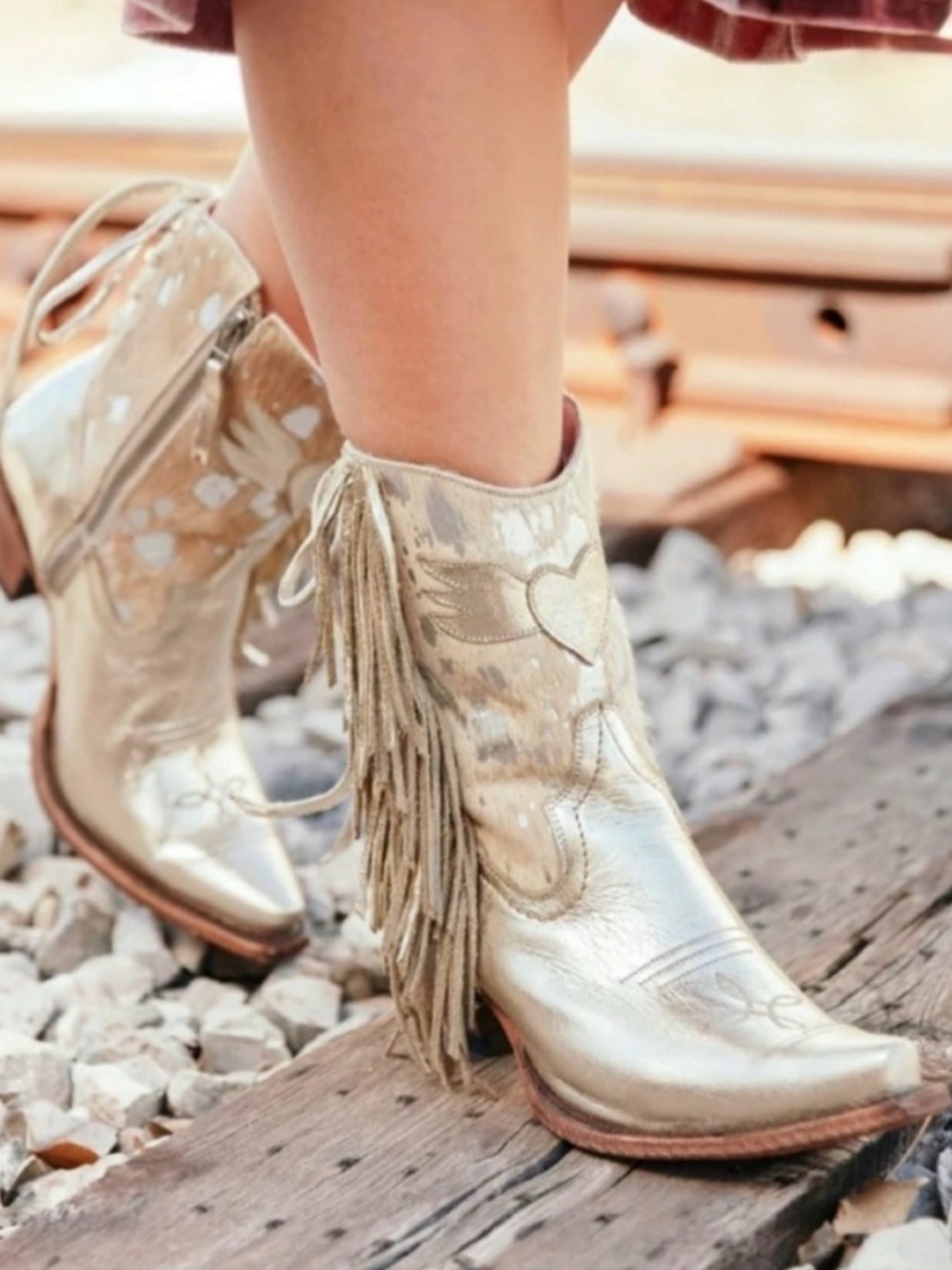 Fringe Metallic Junk Gypsy Boots for Women - Gold